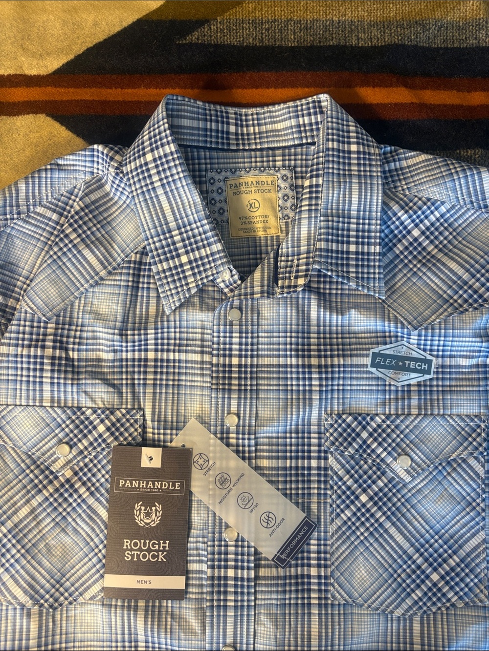 Panhandle Rough Stock Men's Light Blue Plaid Flex-Tech Button-Down Shirt